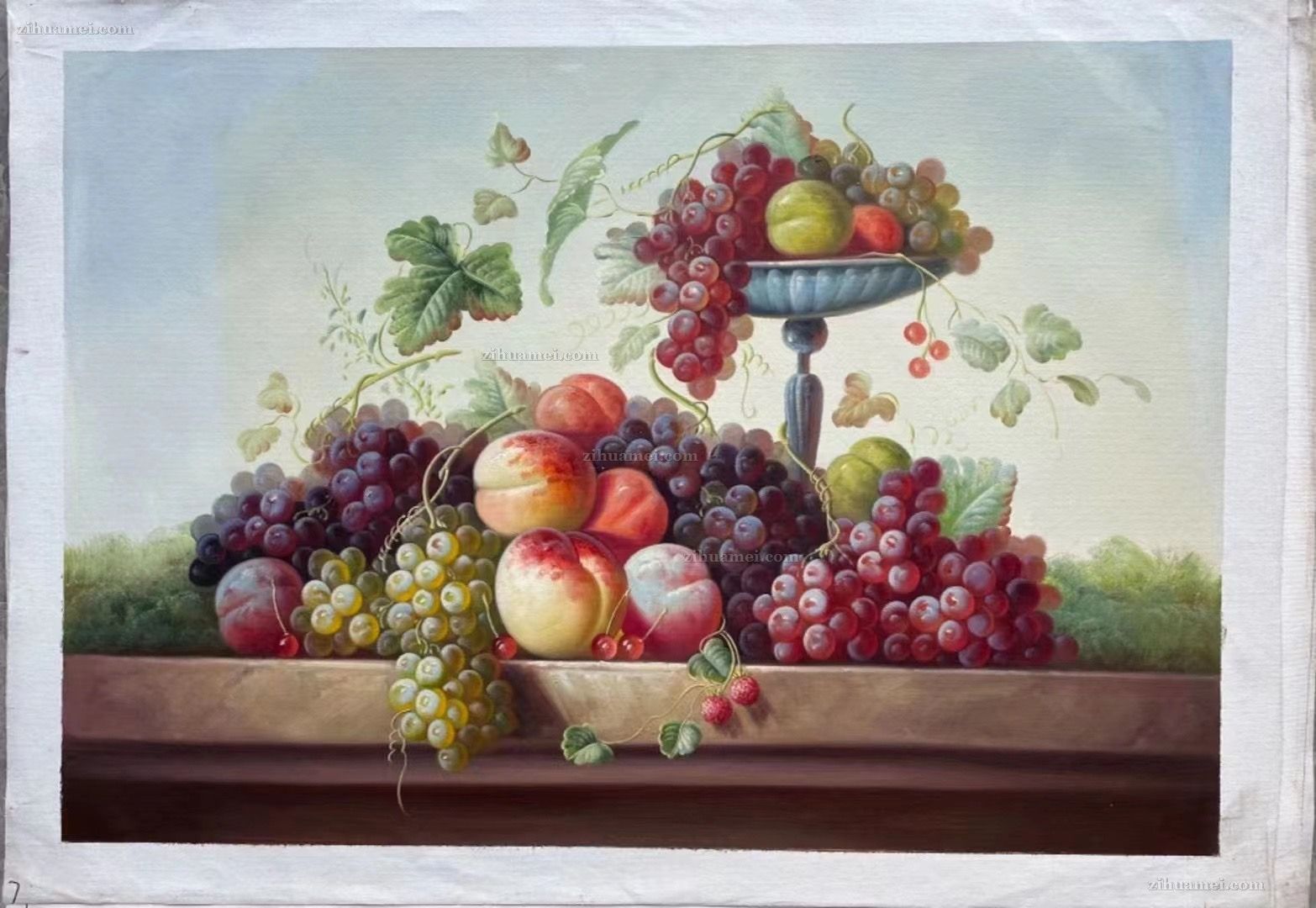 桃子葡萄手绘油画