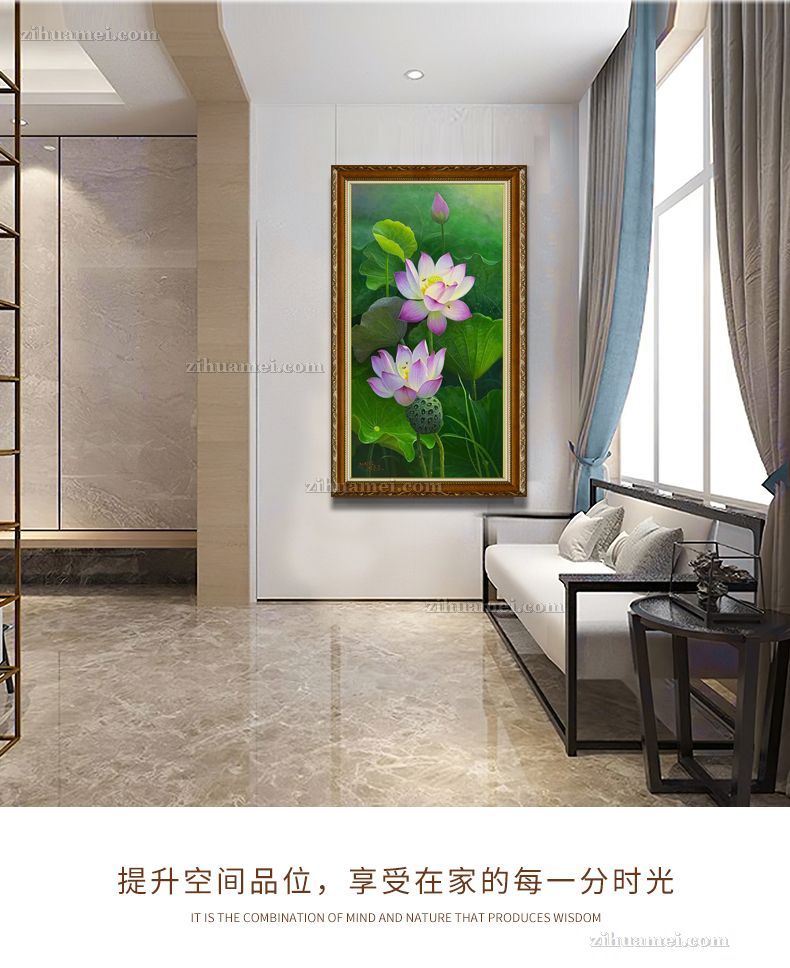 适合玄关办公室走廊荷花手绘油画
