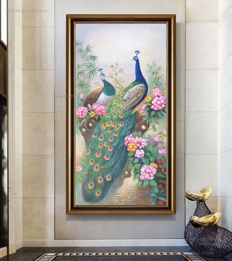 适合玄关走廊孔雀写实油画作品