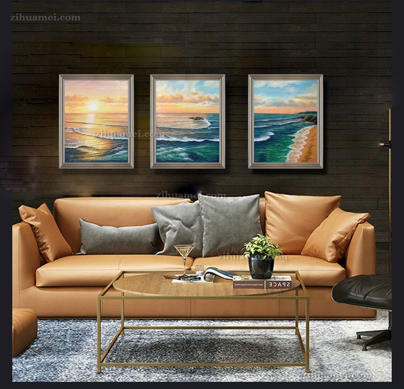 三联画海浪油画