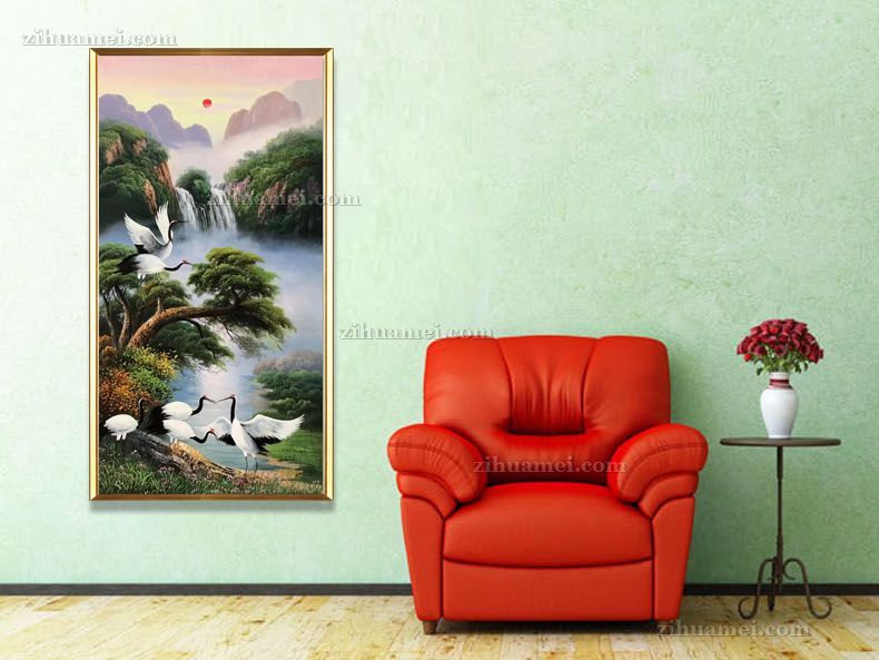 新中式玄关风景油画仙鹤图