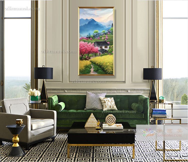 手绘花海风景油画玄关挂画