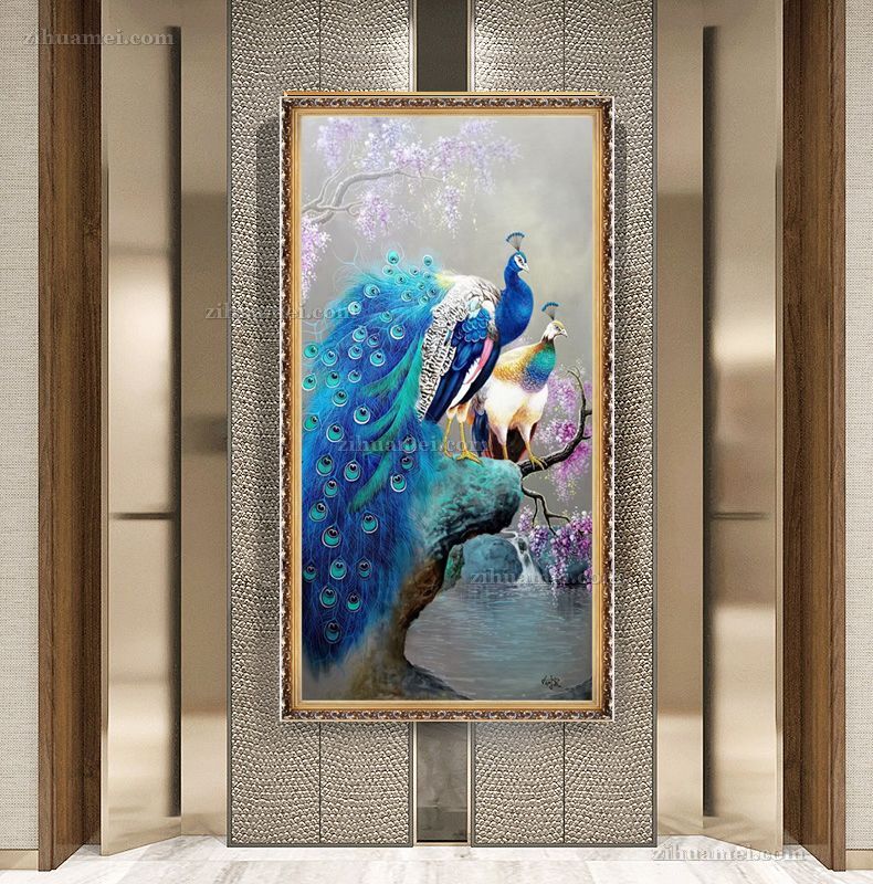 孔雀紫滕花纯手绘动物花卉油画