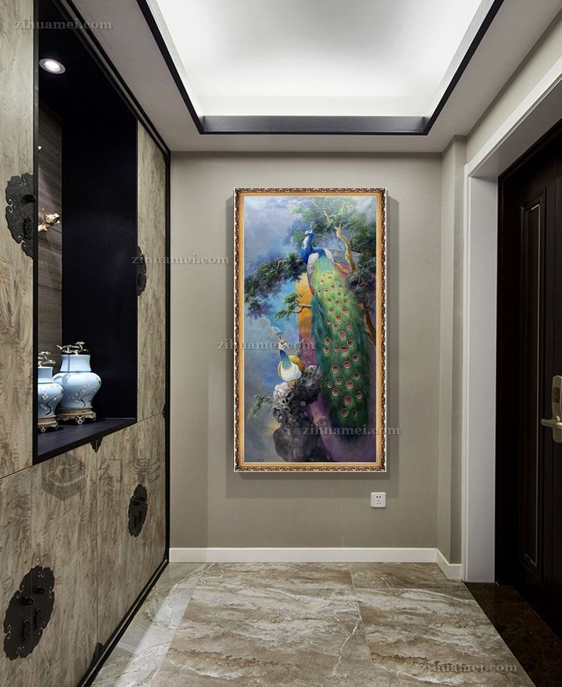 纯手绘玄关动物油画孔雀图