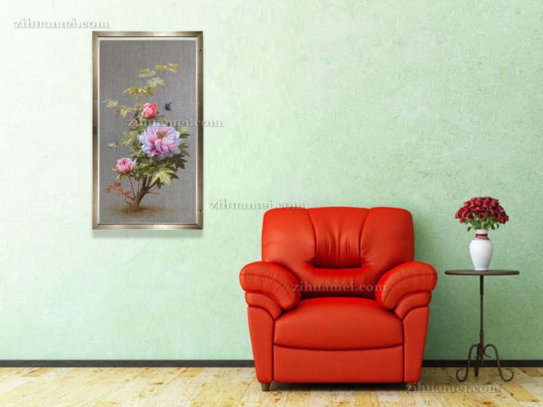 纯手绘玄关花卉油画牡丹花油画作品