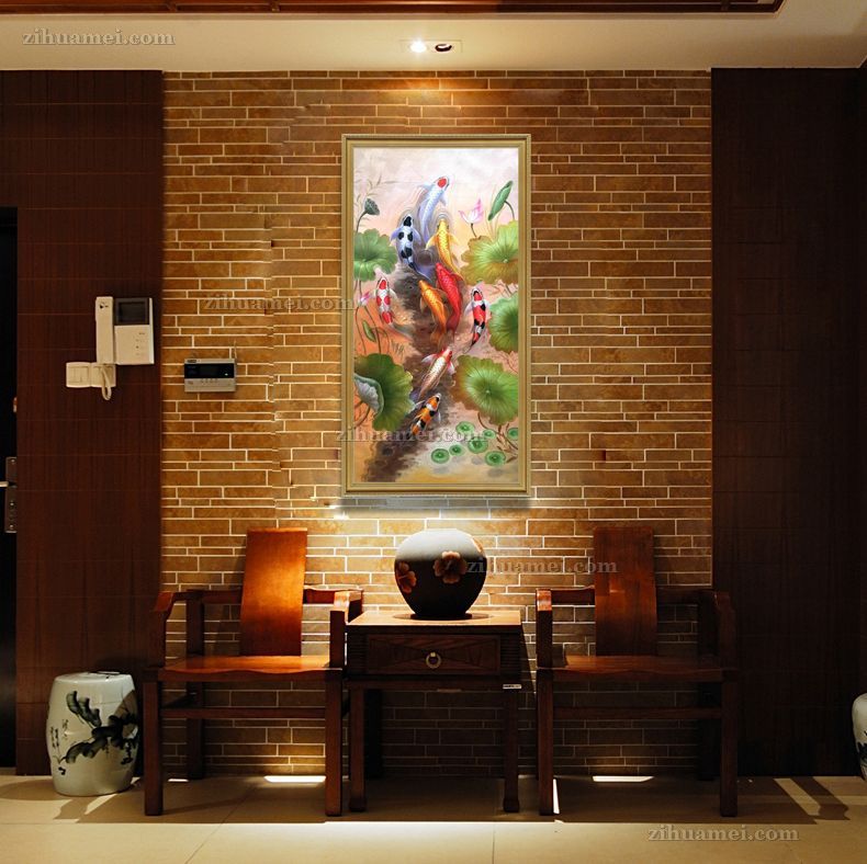 新中式锦鲤九鱼图油画作品