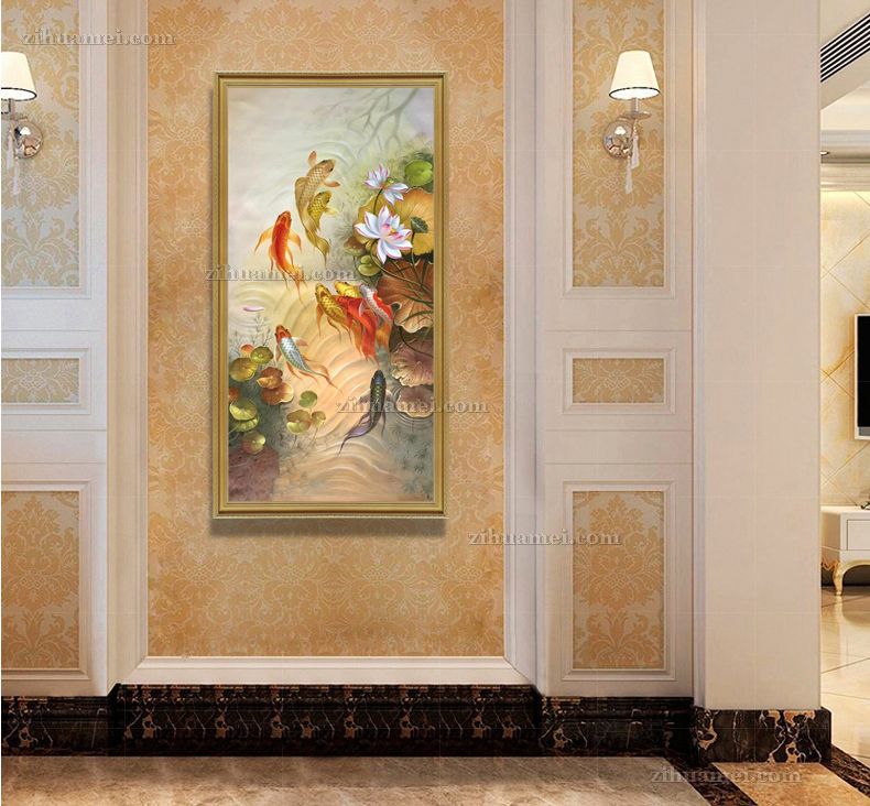 客厅中式锦鲤九鱼图油画作品