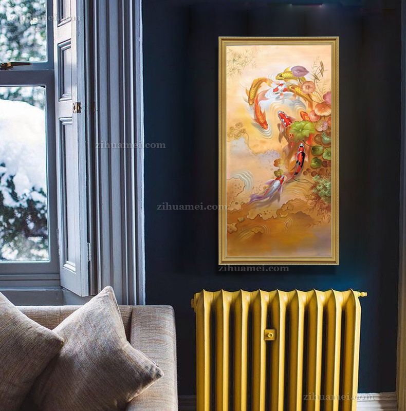 年年有余九鱼图油画作品