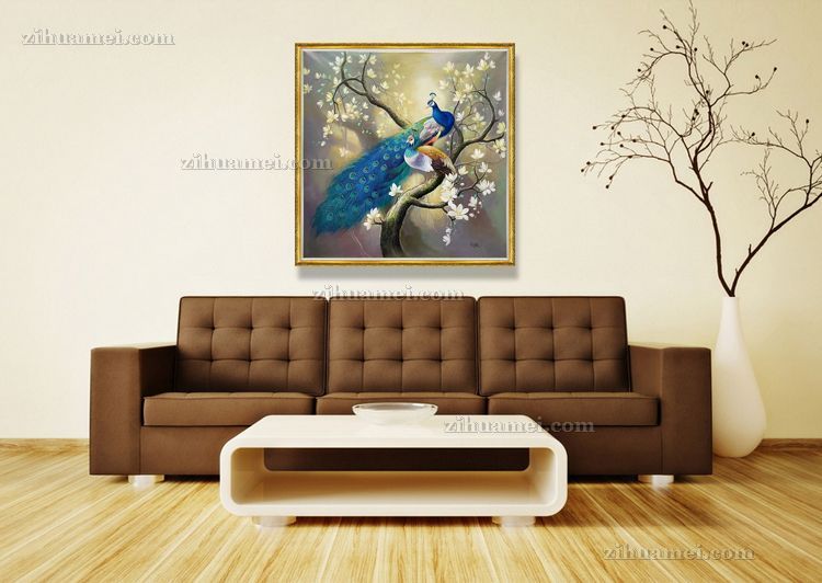 客厅大厅孔雀玉兰花油画作品
