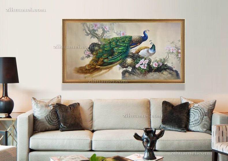 客厅大厅孔雀手绘油画