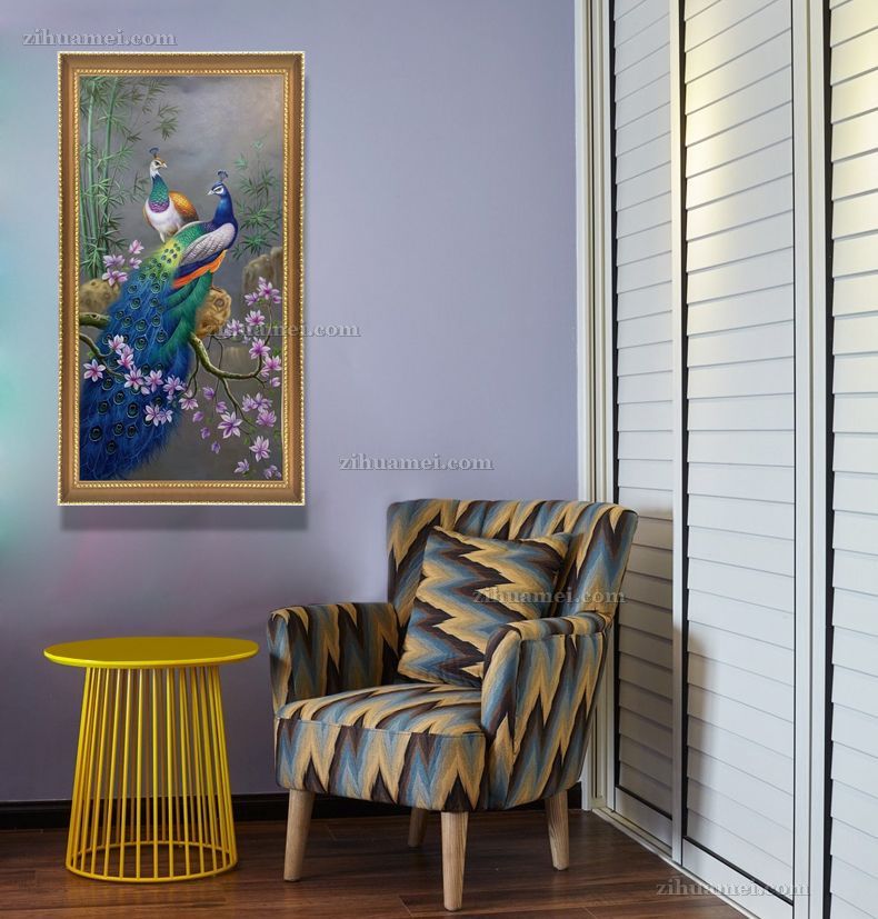 新中式玄关竹子与孔雀油画作品