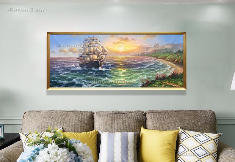 大厅沙发背景墙海浪帆船风景油画