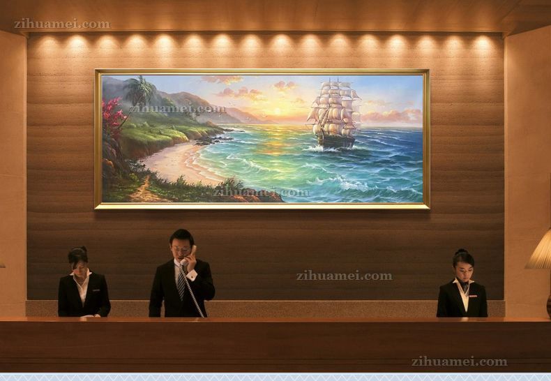 手绘海浪风景帆船油画