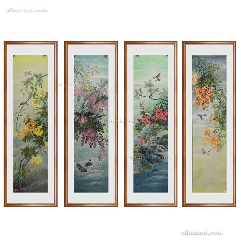 四尺对开条屏没骨花鸟国画