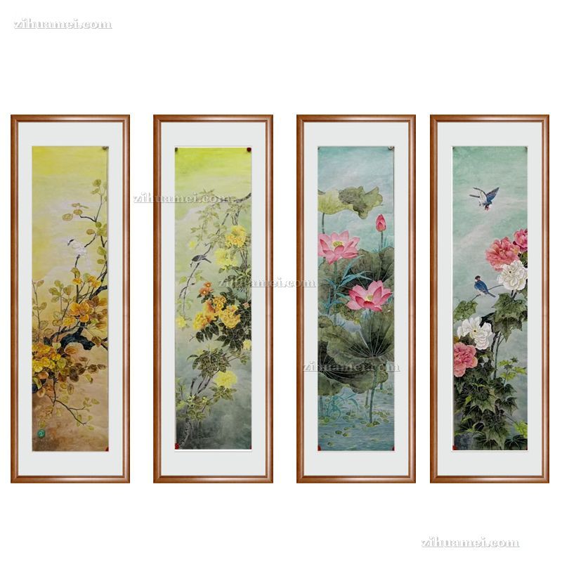 四尺对开条屏没骨花鸟国画
