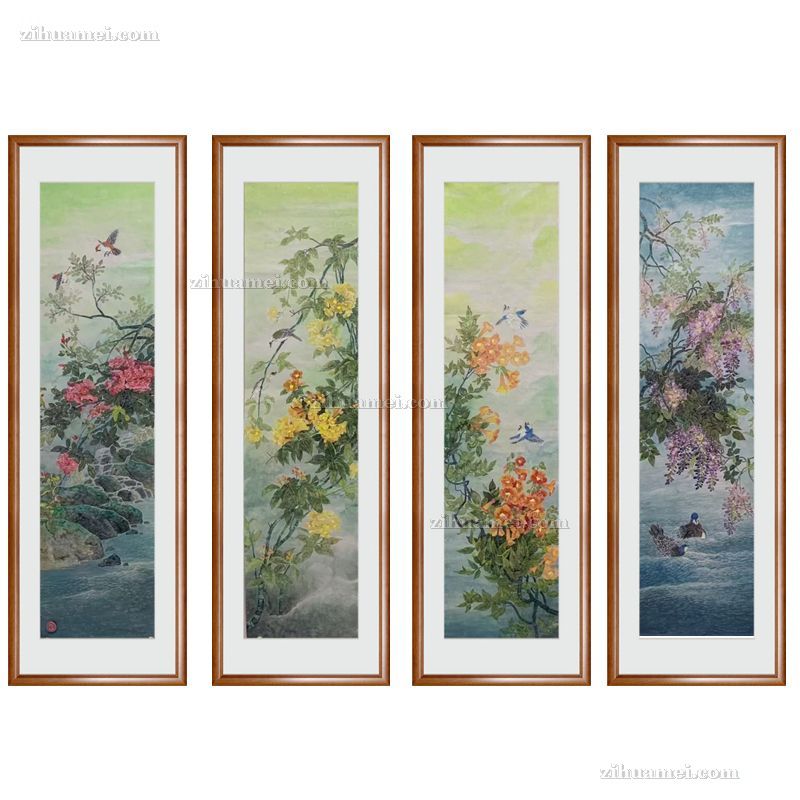 四尺对开条屏没骨花鸟国画