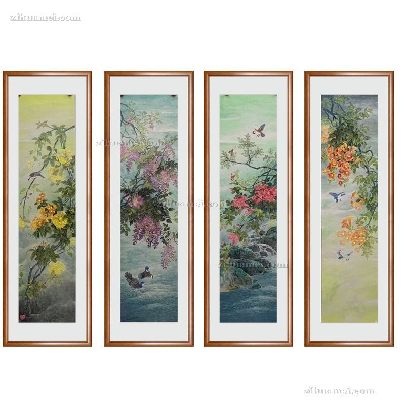 四尺对开条屏没骨花鸟国画