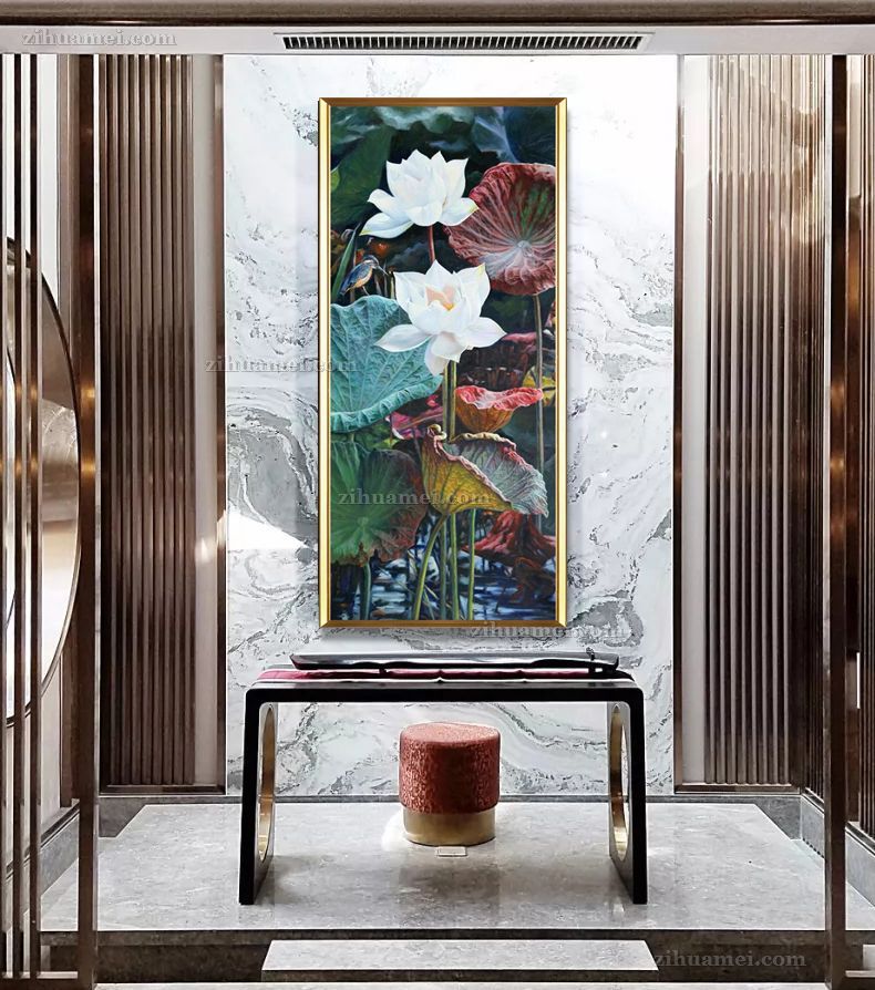 写实荷花池风景油画