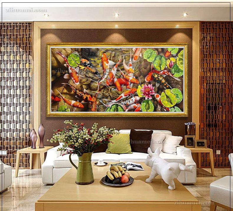 客厅精品花鸟油画手绘锦鲤油画