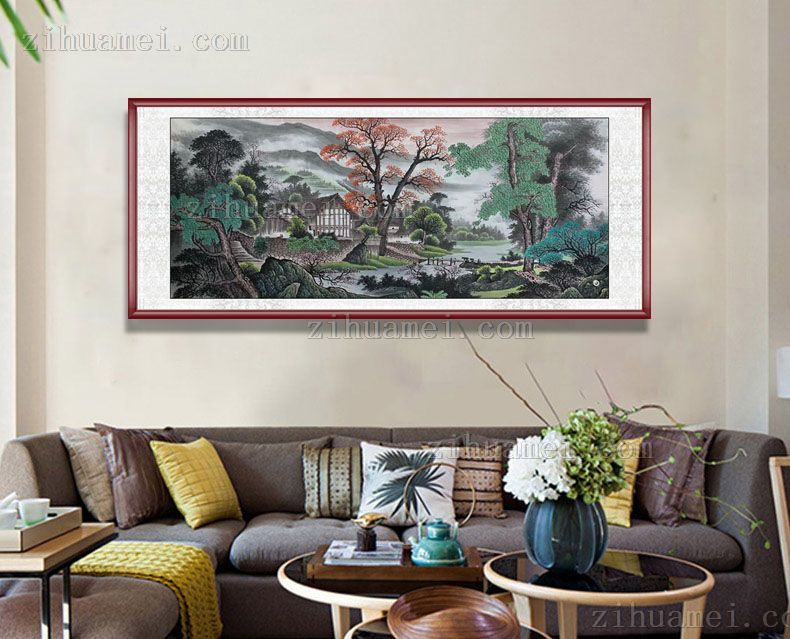 实木外框聚宝盆山水画