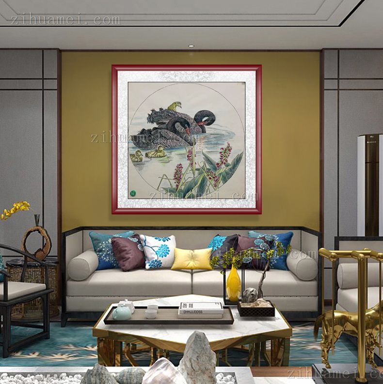 写实工笔黑天鹅一家亲