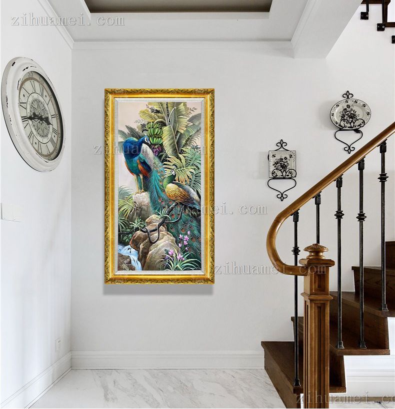 石头芭蕉上孔雀图精品手绘动物油画