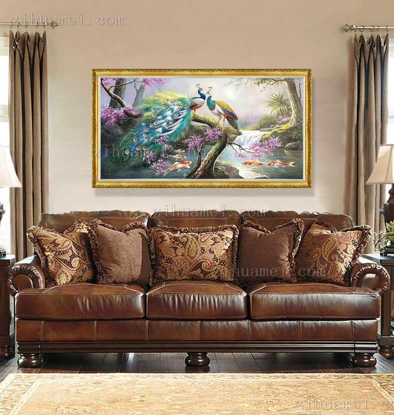 大厅孔雀手绘油画
