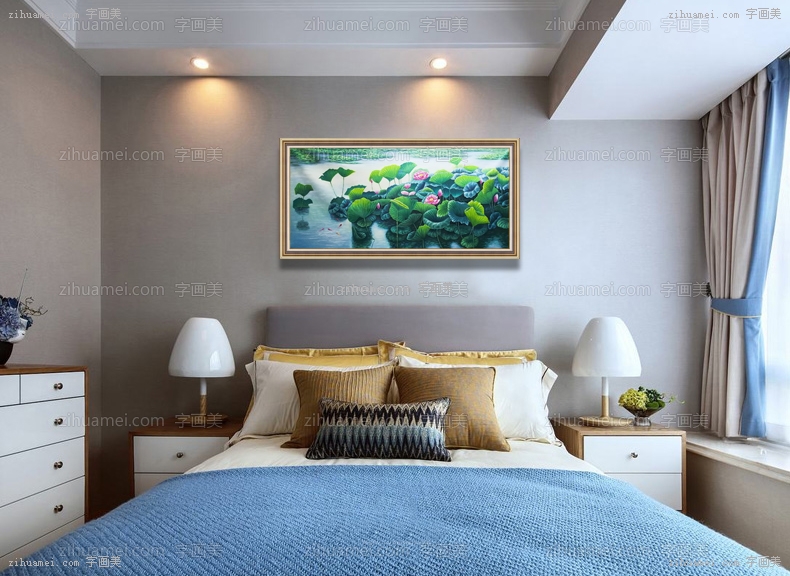 荷花池塘 景色优美 年年有余 和谐 中式油画