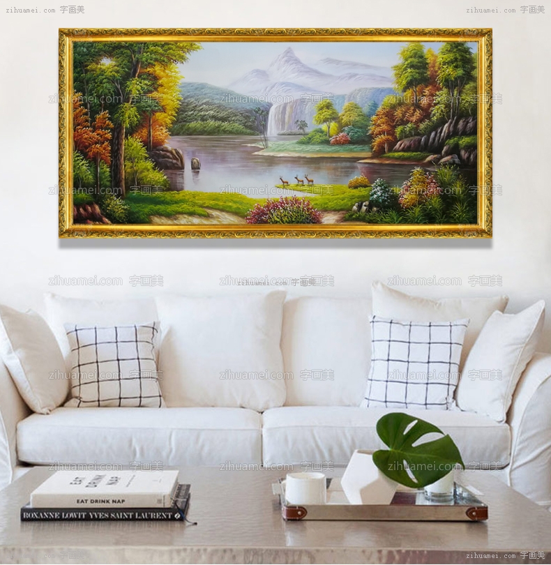 风景油画 聚宝盆 小鹿 山水油画 装饰油画