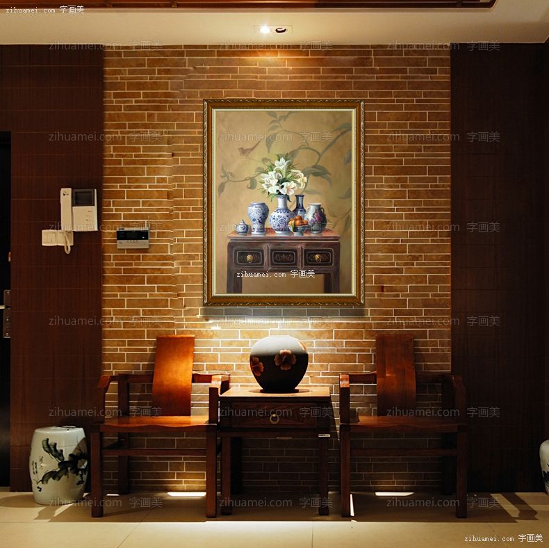 新中式油画手绘油画客厅挂画