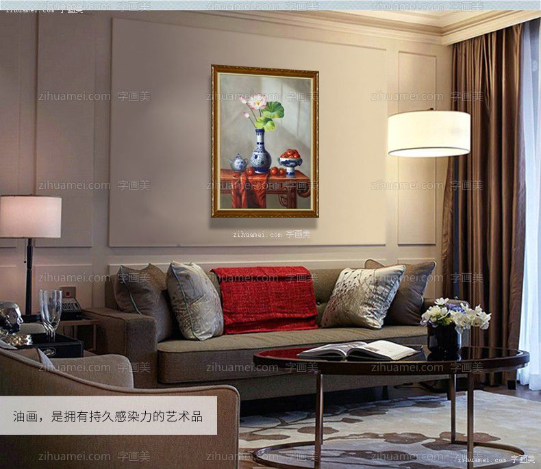 新中式油画手绘油画客厅挂画